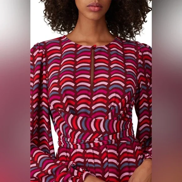 Kate Spade Rawr Crepe Midi Dress 10 Pink Purple Burgundy Jaguar Retro Long Sleev Kate Spade Rawr Crepe Midi Dress 10 Pink Purple Burgundy Jaguar Retro Long Sleev